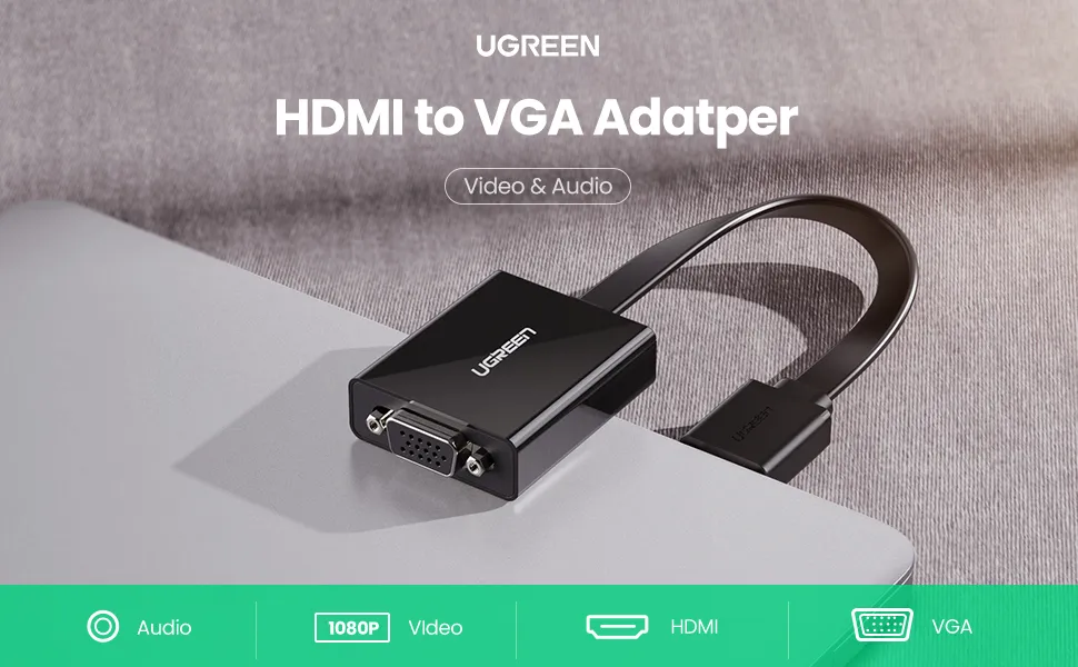 UGREEN Active HDMI to VGA Adapter Converter with 3.5 mm Audio Jack up to 1920 * 1080@60Hz for PC, Laptop, Ultrabook, Raspberry Pi, Chromebook (Black) overview 2