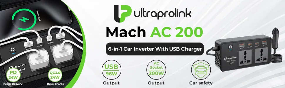 ULTRAPROLINK Mach AC 200 6 in 1 200W Car Laptop Charger (UM1223) overview 1