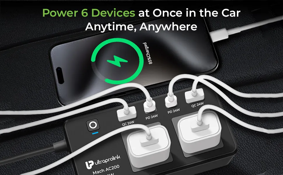 ULTRAPROLINK Mach AC 200 6 in 1 200W Car Laptop Charger (UM1223) overview 2