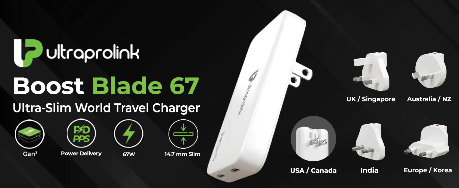 UltraProlink Boost Blade 67 Ultra-Slim 67W International World Travel Adapter & Charger UM1200WTA overview 1