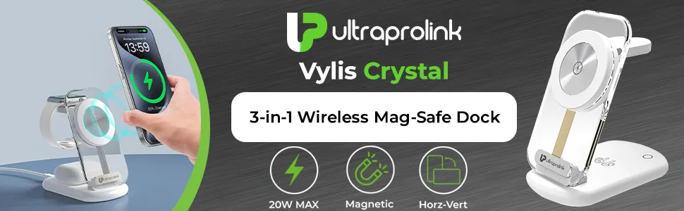 UltraProlink Vylis Crystal 20W Mag-Safe Magnetic 3 in 1 Wireless Charger UM1006CRWHT overview 1