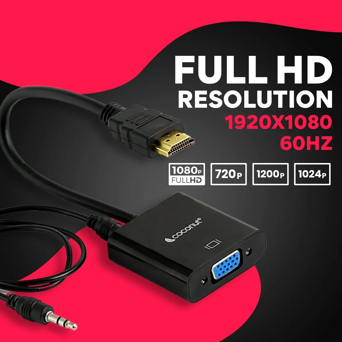 coconut HDMI to VGA with Audio Adapter High Speed 4K HD Video Converter Gold Plated HDMI to VGA (Male to Female) for Computer, Laptop, Xbox, HDTV - Black overview 4