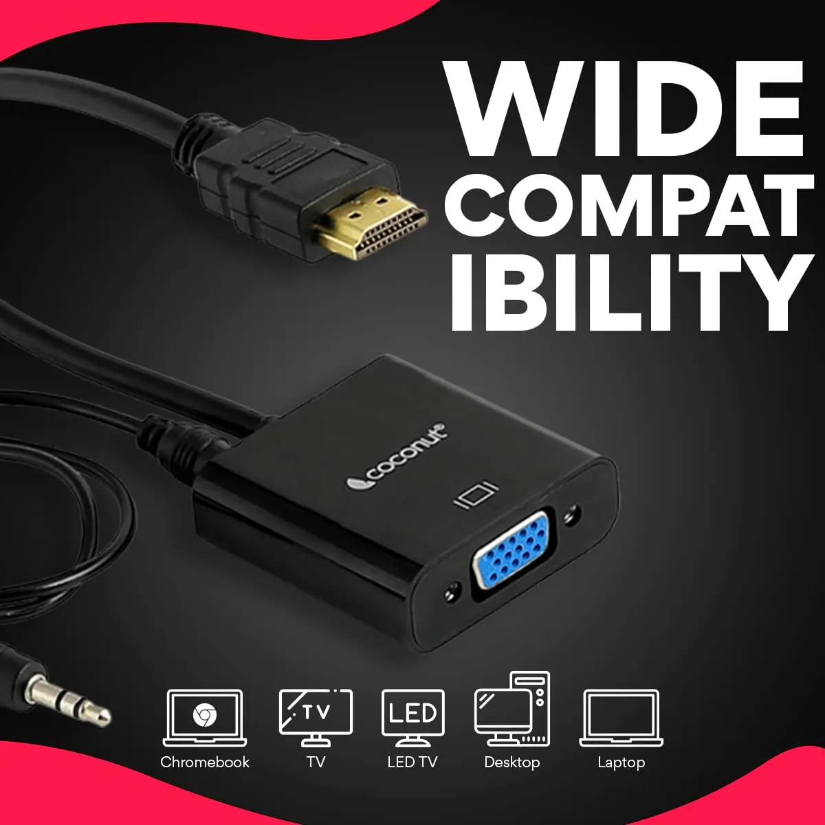coconut HDMI to VGA with Audio Adapter High Speed 4K HD Video Converter Gold Plated HDMI to VGA (Male to Female) for Computer, Laptop, Xbox, HDTV - Black overview 6