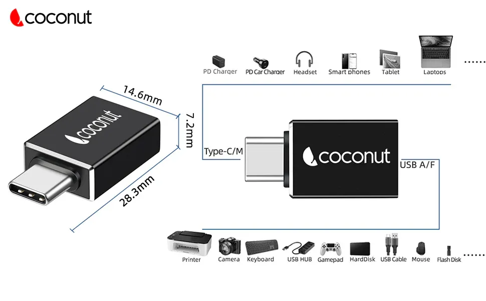 coconut OT02 USB 3.0 to Type C OTG Adapter , Aluminium Body overview 6