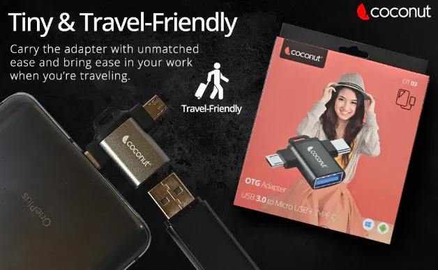 coconut OT03 USB 3.0 to Micro USB + Type C, OTG Adapter, Aluminium Body 2 in 1 Type C Converter, High Speed Data Transfers upto 5gbps overview 4