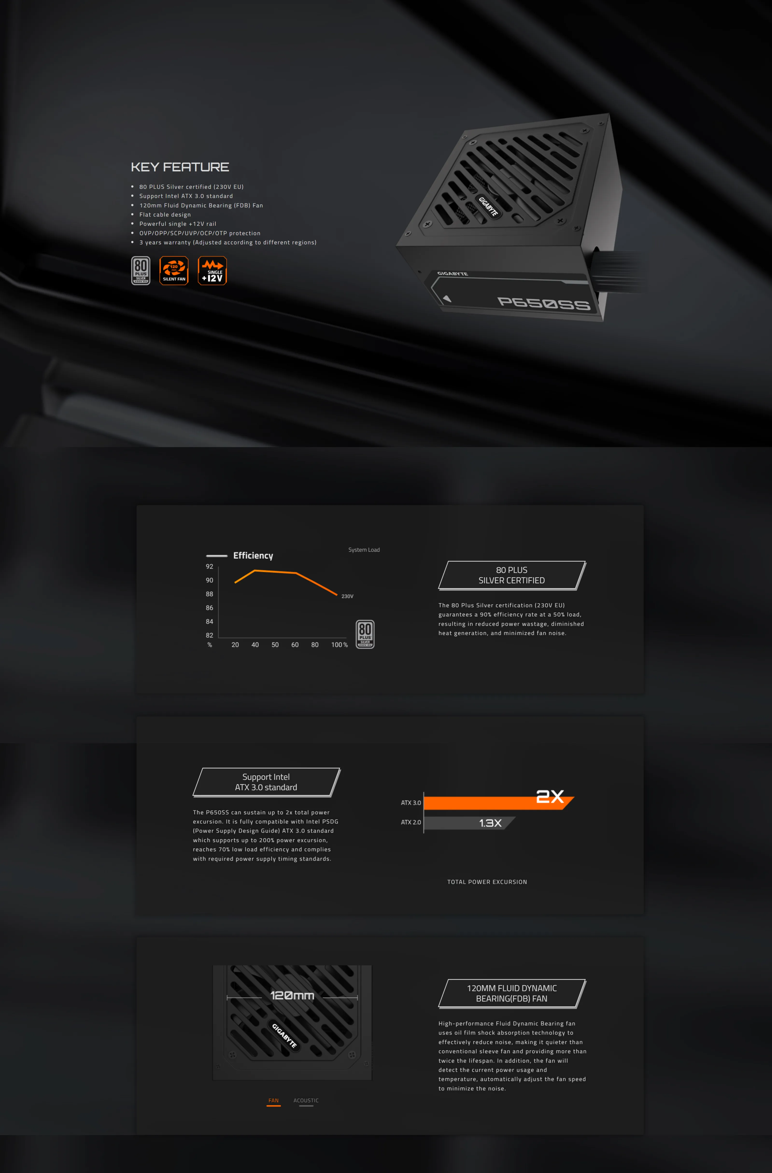 Gigabyte P650SS 650W 80 Plus Silver ATX Power Supply overview 1