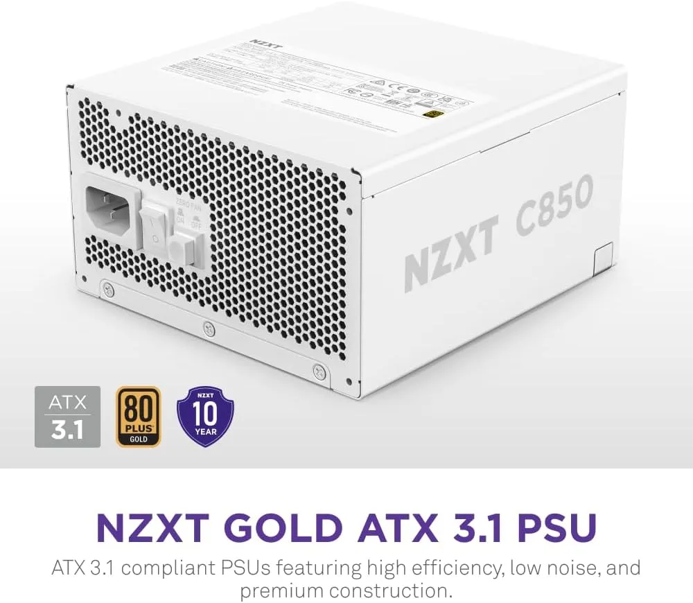 NZXT C850 Gold ATX 3.1 Fully Modular Low-Noise PC Gaming Power Supply (White) overview 1