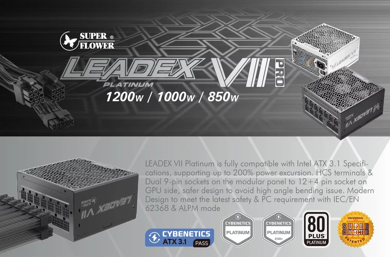 Super Flower Leadex VII XP 1000W 80+ Platinum, Cybenetics Platinum, Full Modular, ATX 3.1, W/12V-2 * 6 Cable (2x8pin - 16pin Native Cables), Power Supply, FDB Fan, SF-1000F14XP, White overview 1