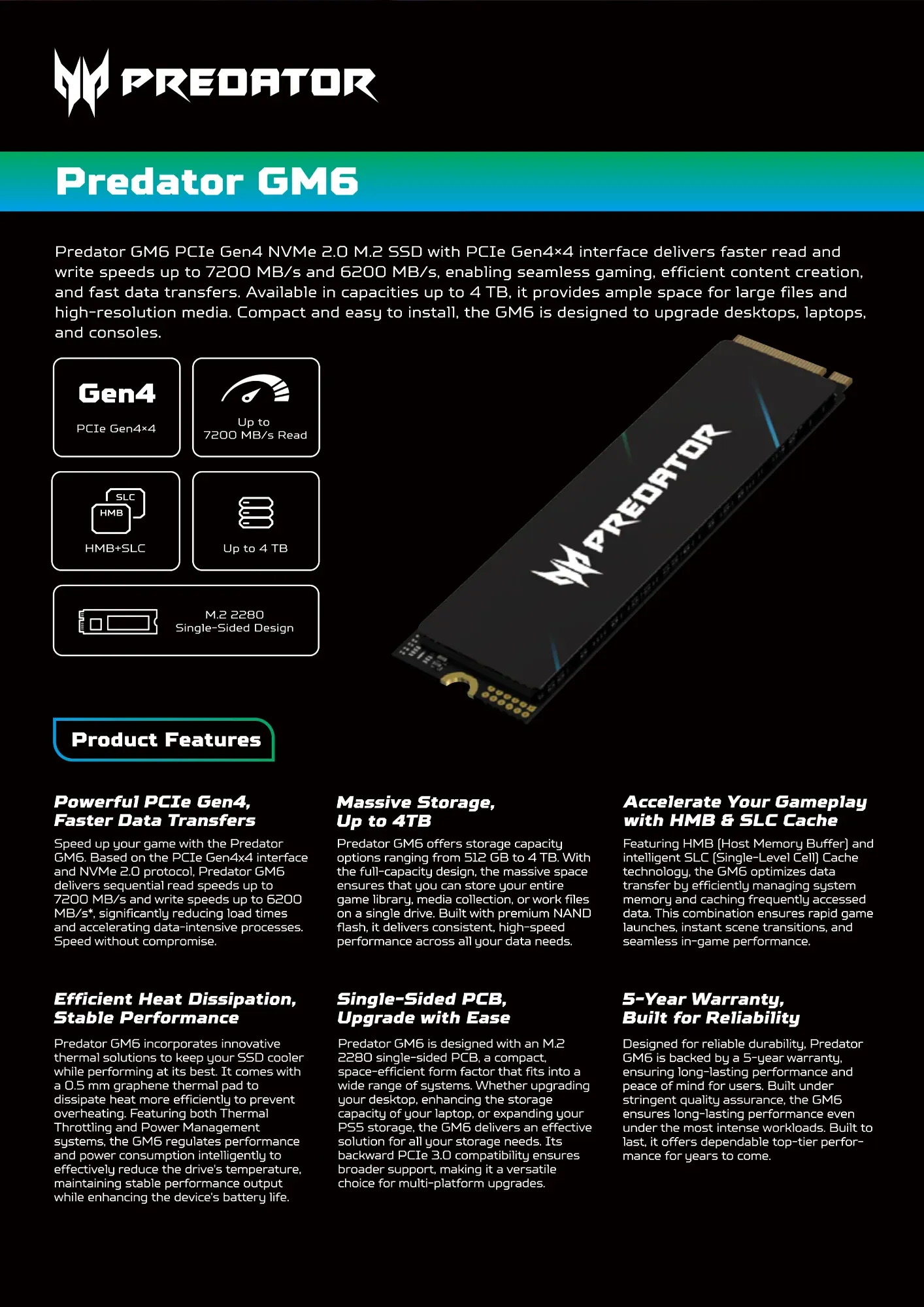 Acer Predator 4TB GM6 BL.9BWWR.135 M.2 2280 PCIe Gen4 x4 SSD overview 1