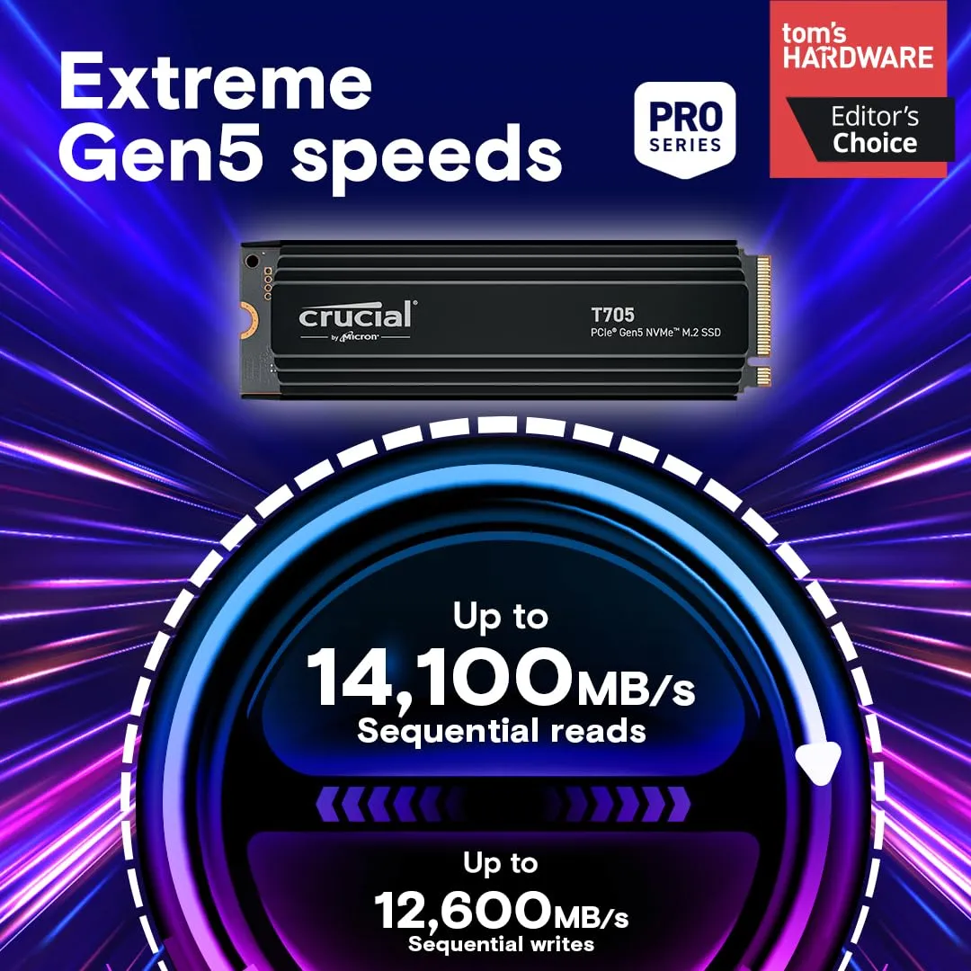 Crucial T705 4TB NVMe PCIe 5.0 M.2 Internal SSD with Heatsink overview 1