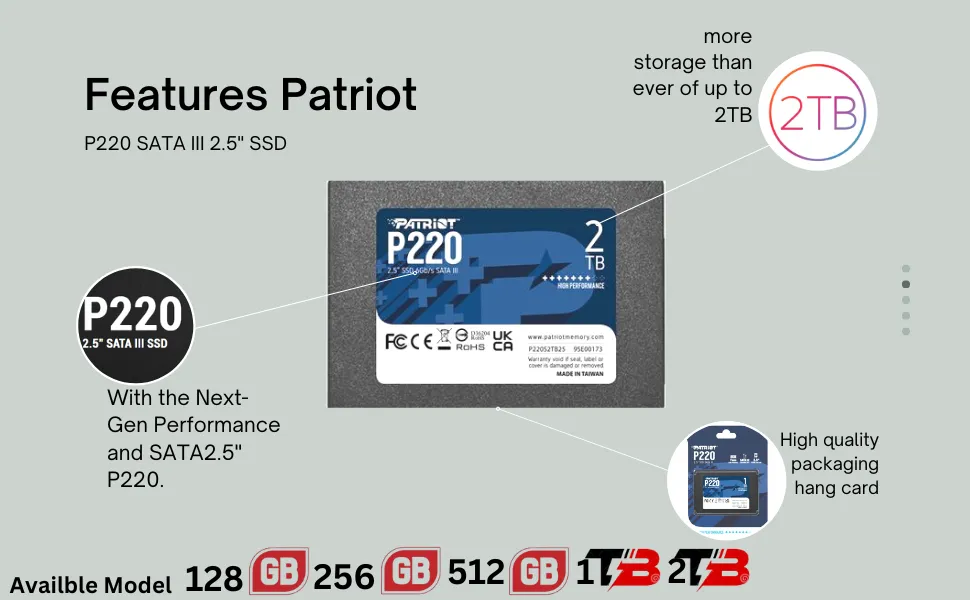 Patriot 512 GB P220 2.5" SATA III Read Speed 550MB/s Internal (SSD) Solid State Drive, 5 Year Warranty overview 1