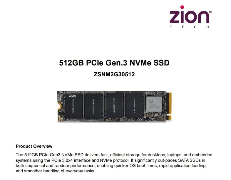 ZION ZSNM2G30512 512GB NVMe M.2 PCIe Gen 3.0 SSD overview 1