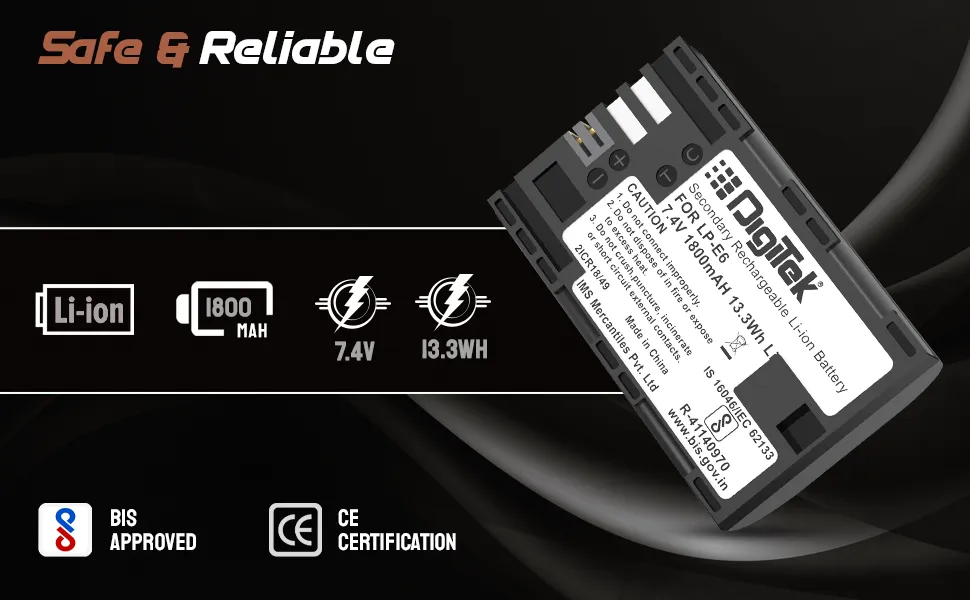 DIGITEK (LP-E6) 1800 mAh Secondary Li-ion Rechargeable Battery for DSLR Camera overview 3