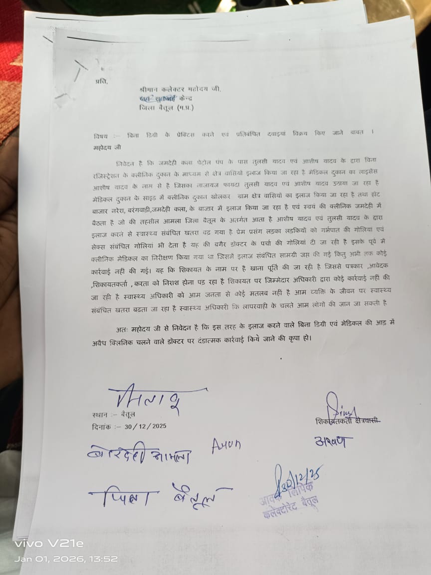 बिना डिग्री इलाज और प्रतिबंधित दवाओं की बिक्री का आरोप, क्षेत्रवासियों ने कलेक्टर से की शिकायत