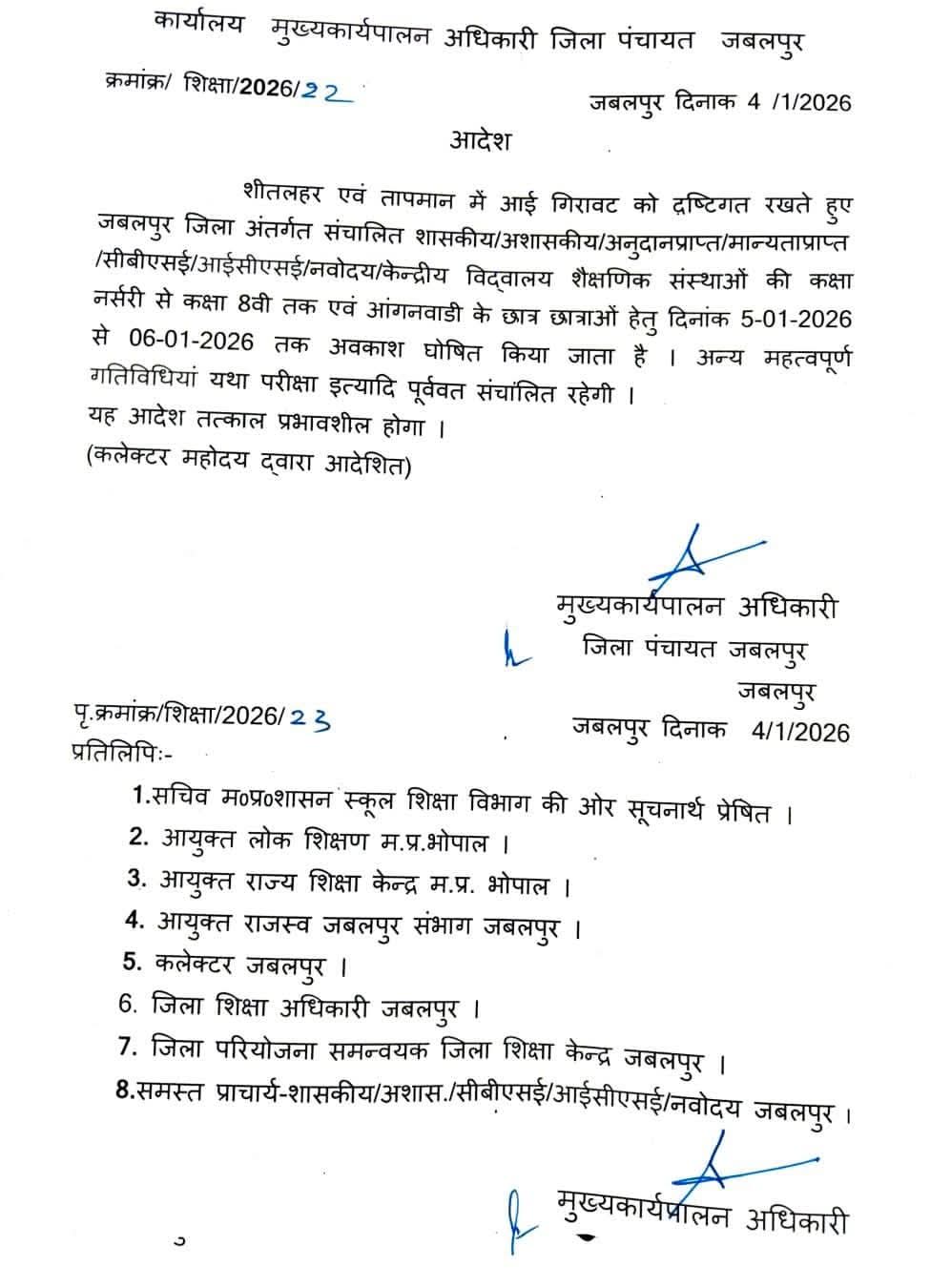 शीतलहर के चलते जबलपुर में नर्सरी से आठवीं तक स्कूल बंद, आंगनवाड़ी में भी अवकाश