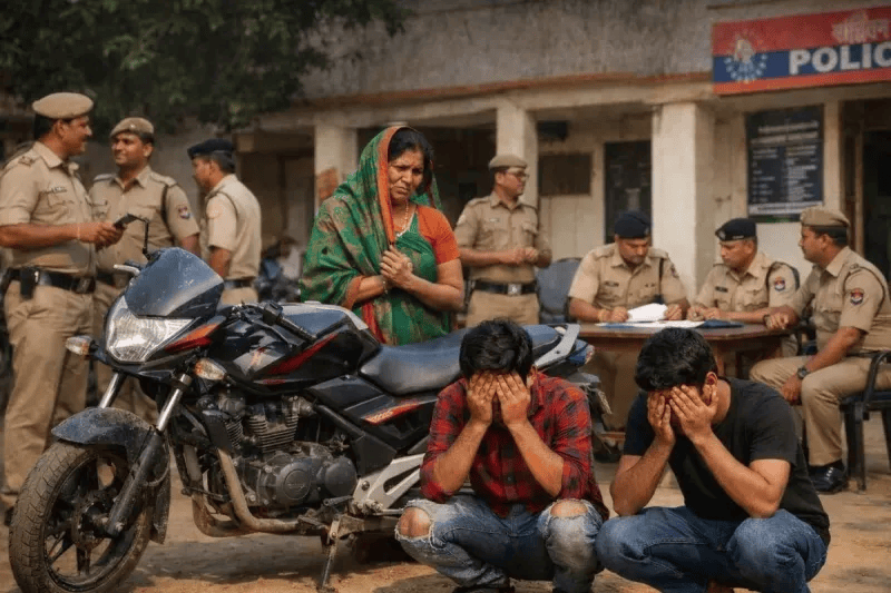 पुलिसकर्मियों के घर काम करने वाली महिला के बेटों ने पुलिस थाना परिसर में चोरी की बाइक सुरक्षा पर सवाल उठा