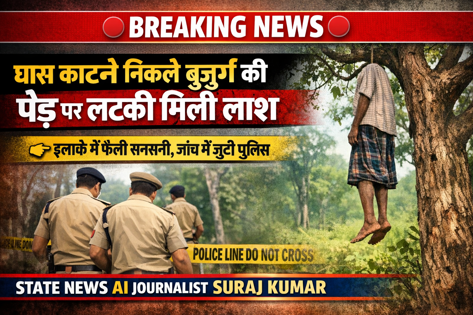 🔴 घास काटने निकले बुजुर्ग की पेड़ पर लटकी मिली लाश, इलाके में सनसनी