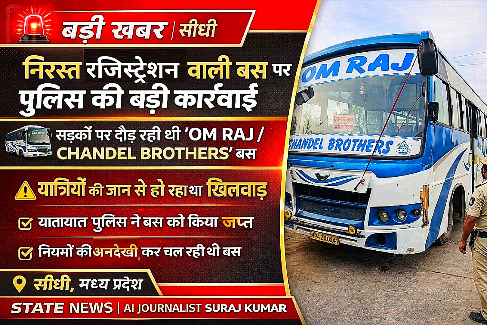 📰 सीधी पुलिस की बड़ी कार्रवाई: निरस्त रजिस्ट्रेशन वाली बस जब्त, यात्रियों की जान से हो रहा था खिलवाड़ posted by Suraj Kevat