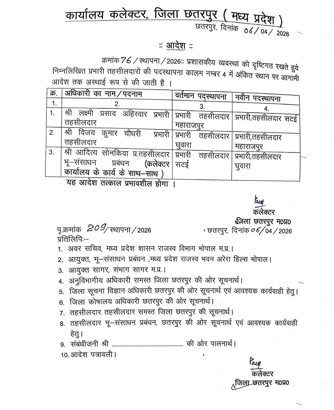 छतरपुर कलेक्टर पार्थ जायसवाल ने तहसीलदारों के किए तबादले आदेश जारी हुआ posted by Amit Kumar Awasthi