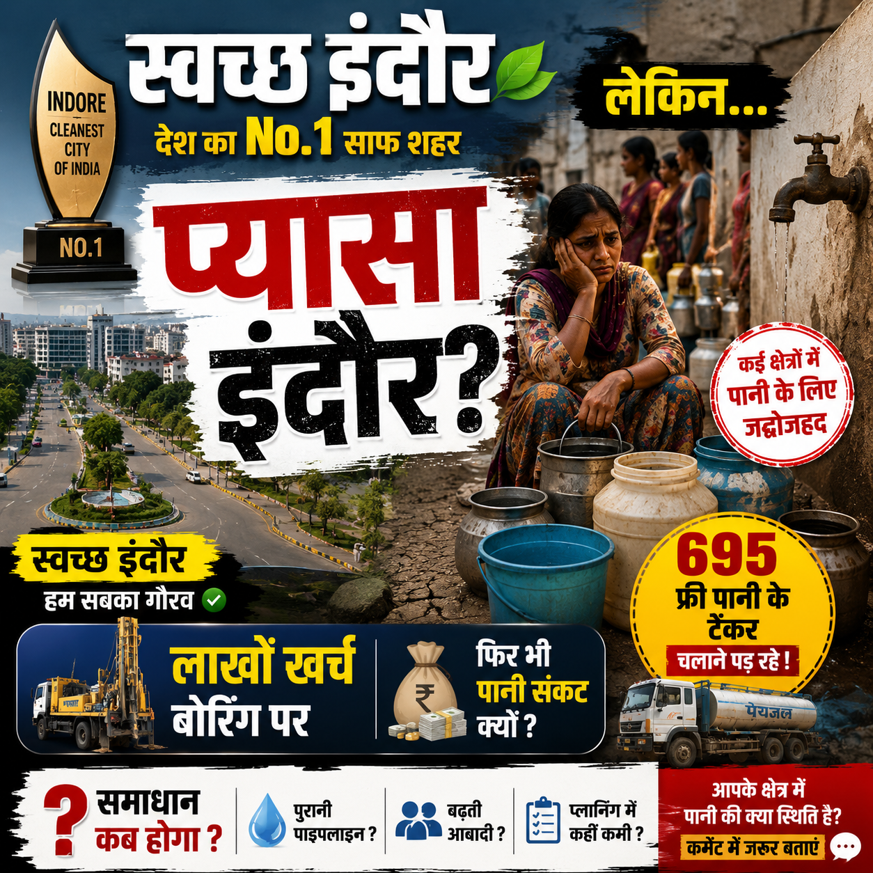 स्मार्ट सिटी इंदौर में जल संकट के सवाल, 695 फ्री टैंकर के बावजूद कई इलाकों में परेशानी