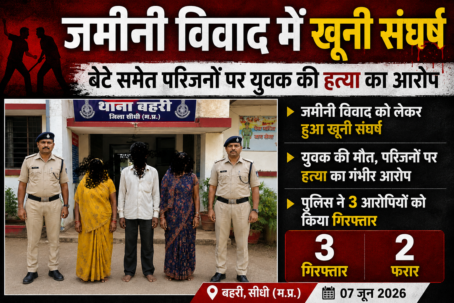 जमीनी विवाद में खूनी संघर्ष: बेटे समेत परिजनों पर युवक की हत्या का आरोप, 3 गिरफ्तार, 2 फरार