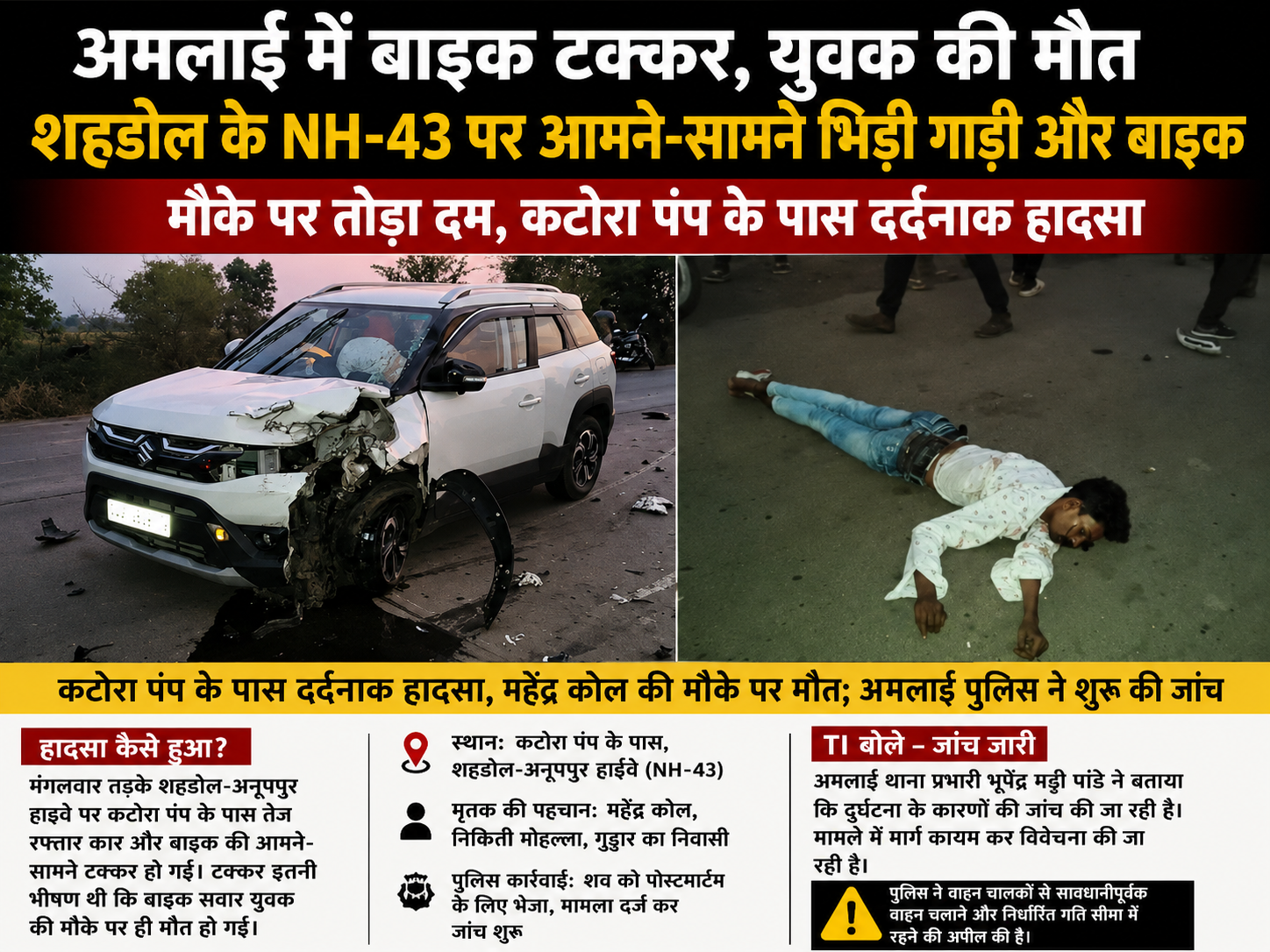 अमलाई में भीषण सड़क हादसा: कार-बाइक की आमने-सामने टक्कर में युवक की मौत