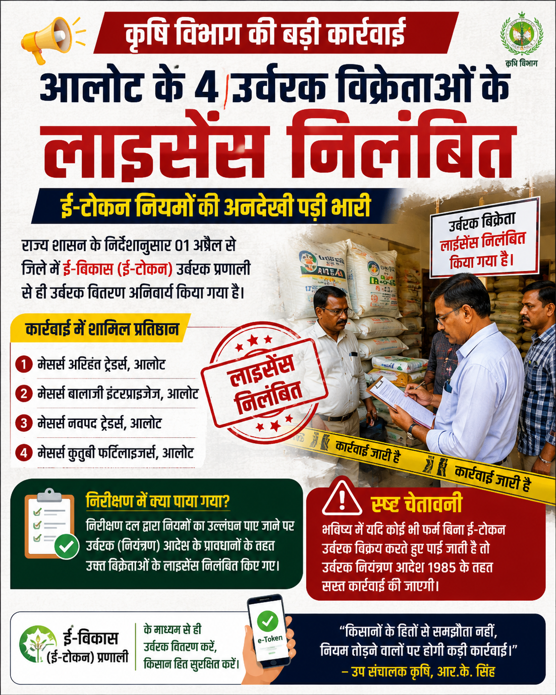 खाद कारोबारियों पर कृषि विभाग का बड़ा प्रहार आलोट के 4 उर्वरक विक्रेताओं के लाइसेंस निलंबित