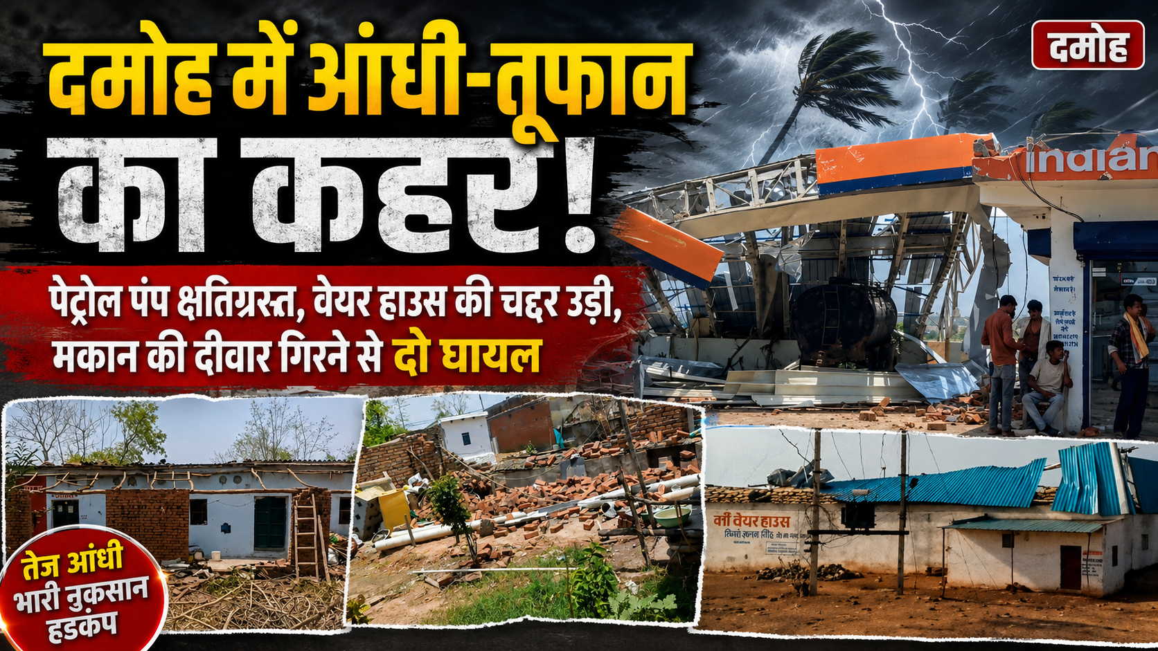 दमोह जिले में आंधी तूफ़ान का कहर : पेट्रोल पंप क्षतिग्रस्त मकान की दीवार गिरी बेयरहॉउस के टीन शेड हवा में उड़े 