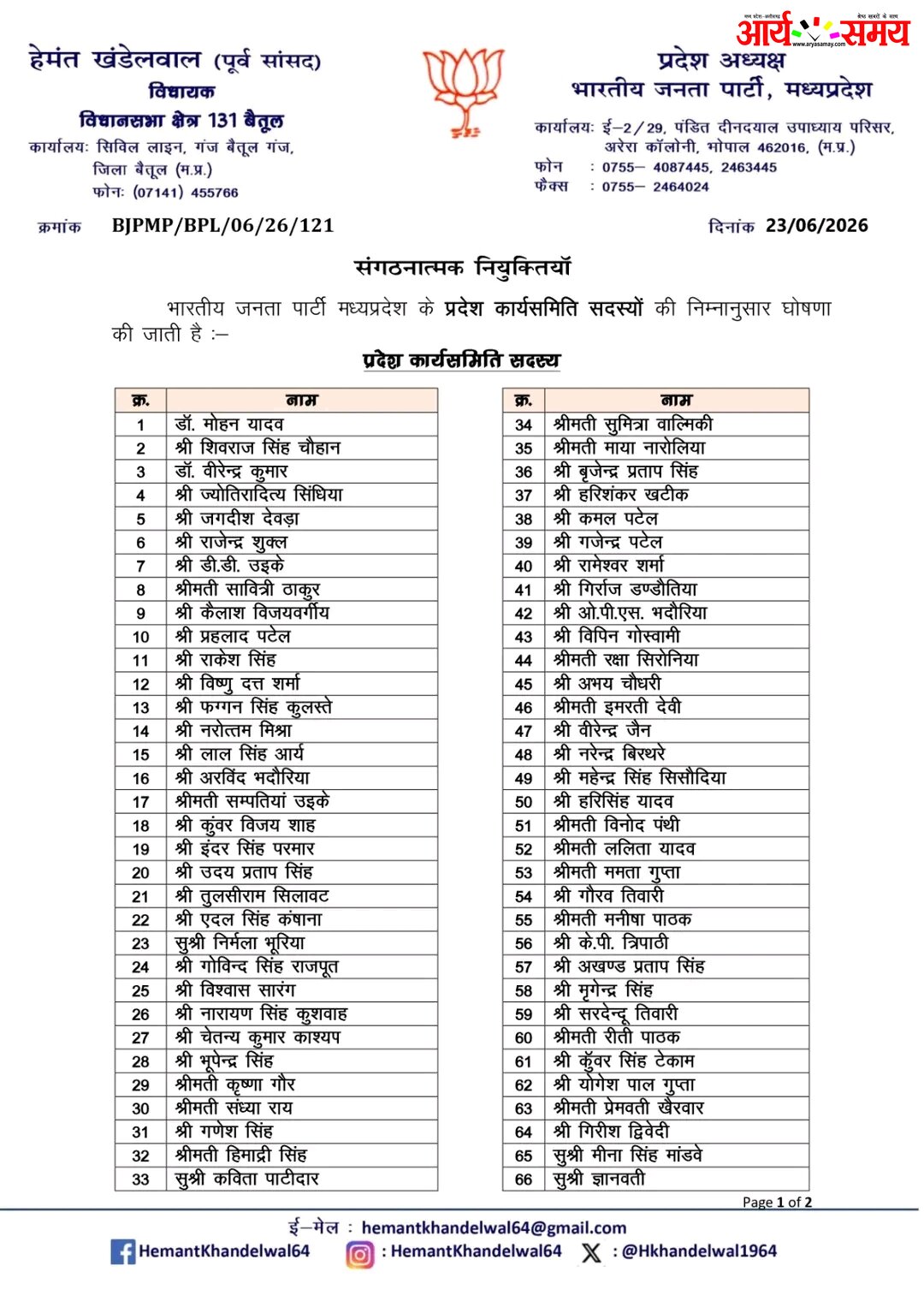 MP BJP News: नई प्रदेश कार्यसमिति की घोषणा,एक मुस्लिम महिला कार्यकर्ता को भी मिली जगह 