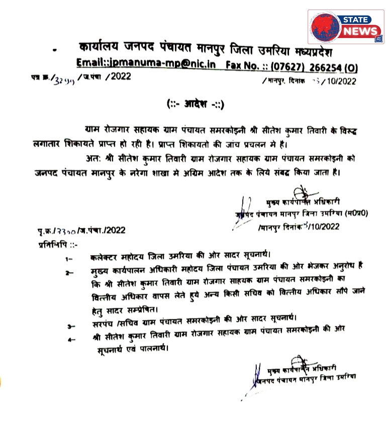 *जांच और विवादों के बीच रोजगार सहायक को मिला वित्तीय प्रभार,कलेक्टर से हुई शिकायत*  जनसुनवाई में मंगलवार को जनपद पंचायत मानपुर की ग्राम पं