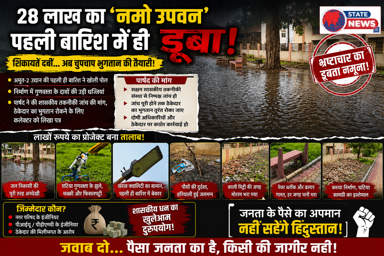 पहली बारिश ने खोल दी 'नमो उपवन' की पूरी कहानी! 28 लाख का गार्डन बना तालाब, पार्षद बोलीं— पहले जांच, फिर भुगतान!