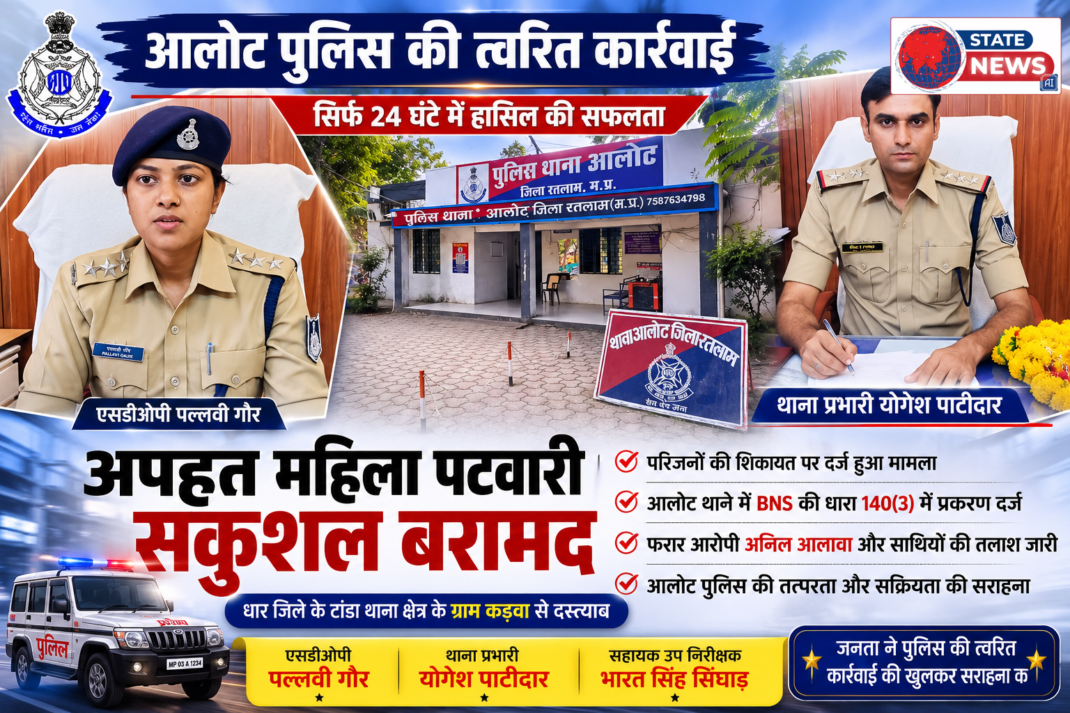 24 घंटे में लापता महिला पटवारी को सकुशल बरामद करने में आलोट पुलिस को बड़ी सफलता, अपहरणकर्ता की तलाश जारी