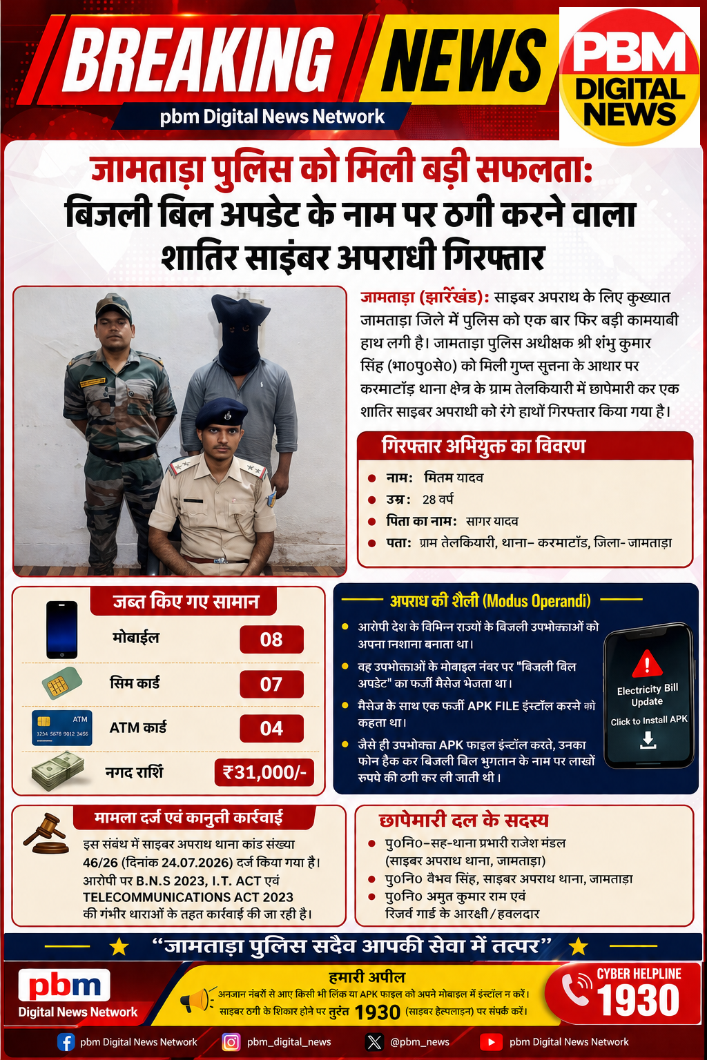 ​🚨 BREAKING NEWS | pbm Digital News Network
​जामताड़ा पुलिस को मिली बड़ी सफलता: बिजली बिल अपडेट के नाम पर ठगी करने वाला शातिर साइबर अपराधी गिरफ्तार