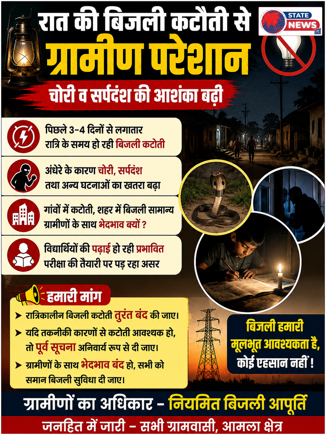 रात की बिजली कटौती से ग्रामीणों में आक्रोश, चोरी और सर्पदंश का बढ़ा खतरा