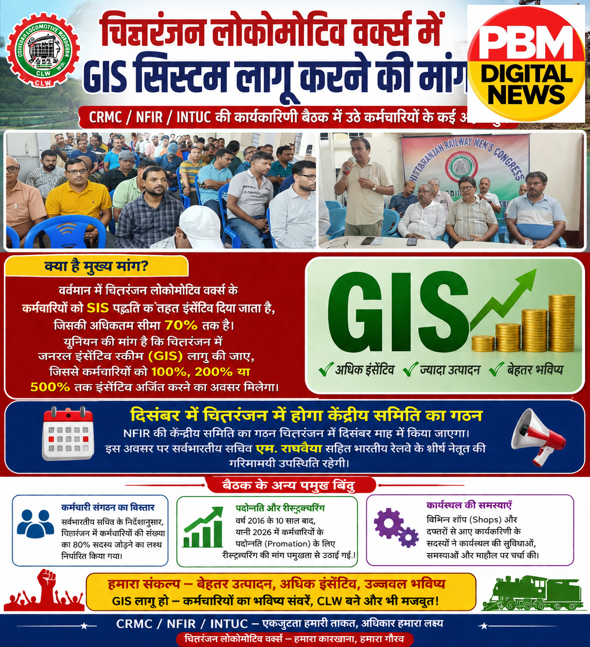 🚨चित्तरंजन लोकोमोटिव वर्कस में GIS सिस्टम लागू करने की मांग: CRMC/NFIR/INTUC की कार्यकारिणी बैठक में उठे कर्मचारियों के कई अहम मुद्दे