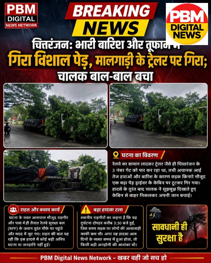 🚨BREAKING NEWS
​चित्तरंजन: भारी बारिश और तूफान में गिरा विशाल पेड़, मालगाड़ी के ट्रेलर पर गिरा; चालक बाल-बाल बचा