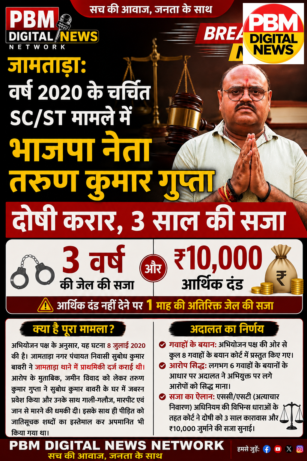 🚨 Big Breaking! जामताड़ा: वर्ष 2020 के चर्चित SC/ST मामले में भाजपा नेता तरुण कुमार गुप्ता दोषी करार, 3 साल की सजा