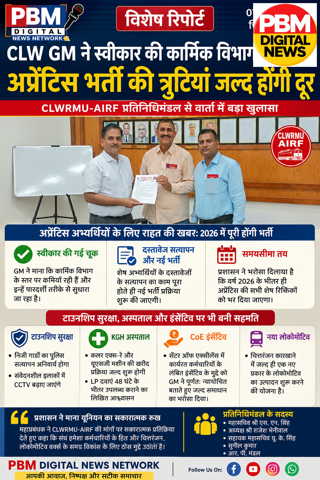 🚨 CLW GM ने स्वीकार की कार्मिक विभाग की चूक, अप्रेंटिस भर्ती की त्रुटियां जल्द होंगी दूर: CLWRMU-AIRF प्रतिनिधिमंडल से वार्ता में बड़ा खुलासा