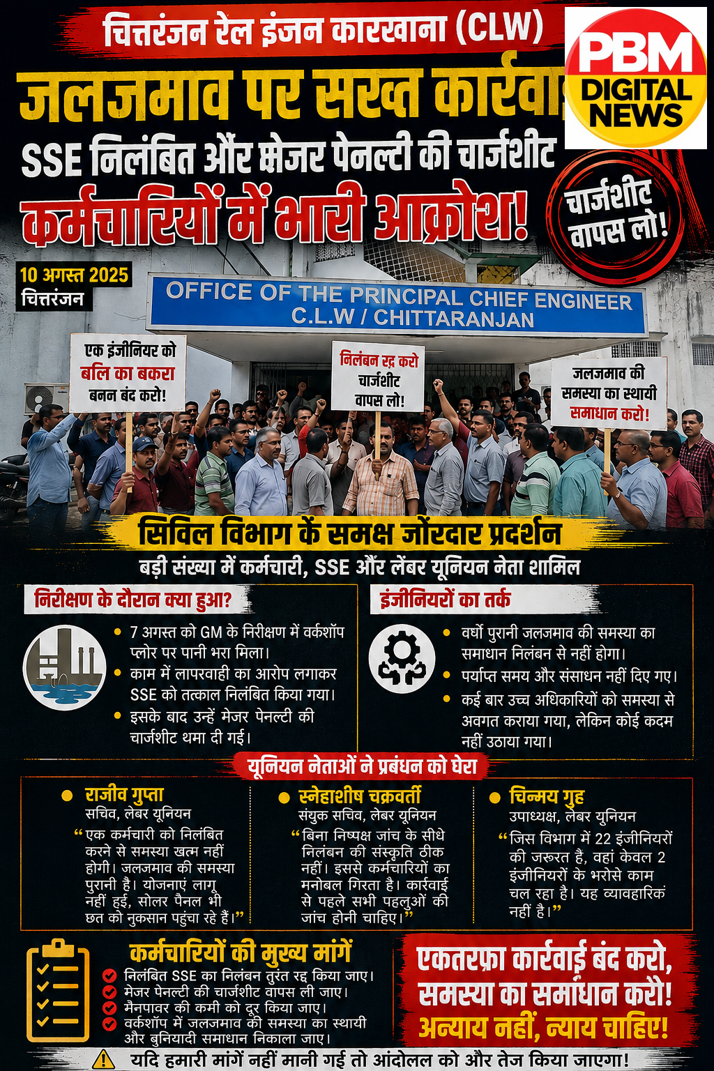 🔥​"22 की जगह केवल 2 इंजीनियर, सजा एक को क्यों?" — चित्तरंजन कारखाने में निलंबन के खिलाफ गर्जा लेबर यूनियन