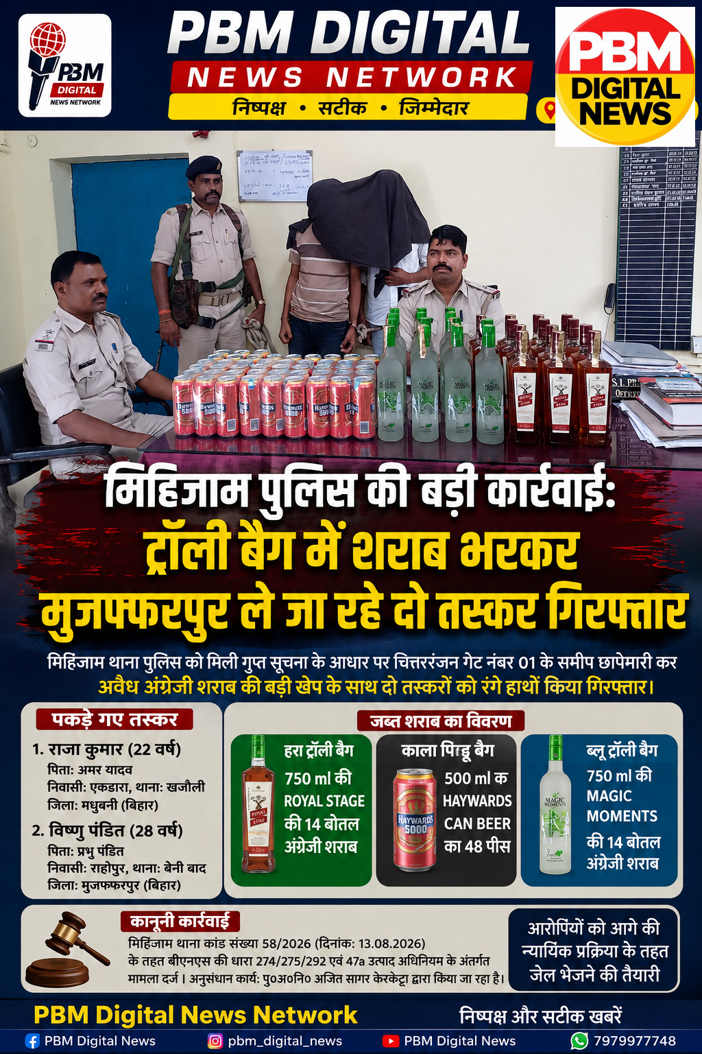 🚨 Big Breaking! मिहिजाम पुलिस की बड़ी कार्रवाई: ट्रॉली बैग में शराब भरकर मुजफ्फरपुर ले जा रहे दो तस्कर गिरफ्तार