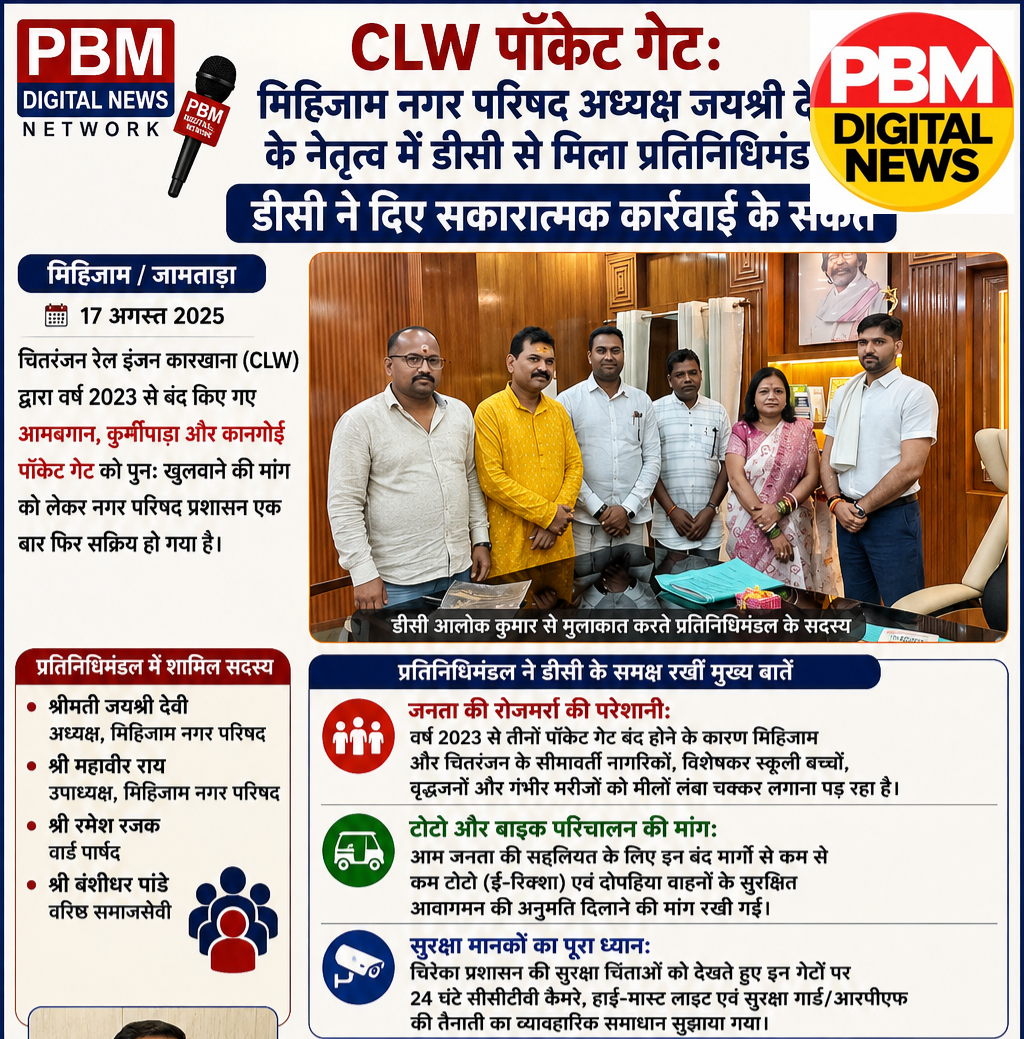 🚨 **CLW पॉकेट गेट: मिहिजाम नगर परिषद अध्यक्ष जयश्री देवी के नेतृत्व में डीसी से मिला प्रतिनिधिमंडल, डीसी ने दिए सकारात्मक कार्रवाई के संकेत**