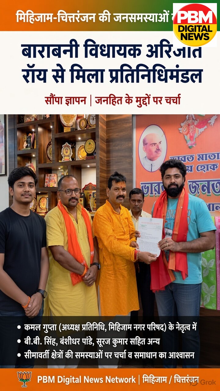 💥 मिहिजाम-चित्तरंजन की जनसमस्याओं को लेकर बाराबनी विधायक अरिजीत रॉय से मिला प्रतिनिधिमंडल, सौंपा ज्ञापन