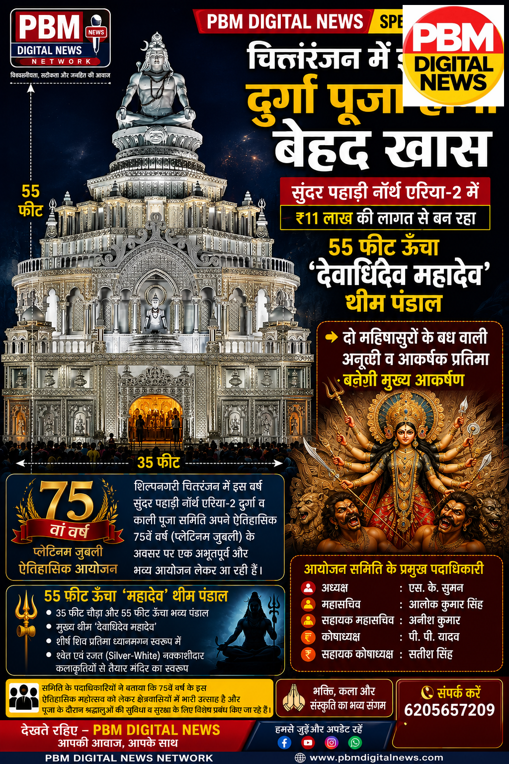 🔥 Platinum Jubilee : चित्तरंजन में इस बार दुर्गा पूजा होगी बेहद खास: सुंदर पहाड़ी नॉर्थ एरिया-2 में ₹11 लाख की लागत से बन रहा 55 फीट ऊंचा 'देवाधिदेव महादेव' थीम पंडाल