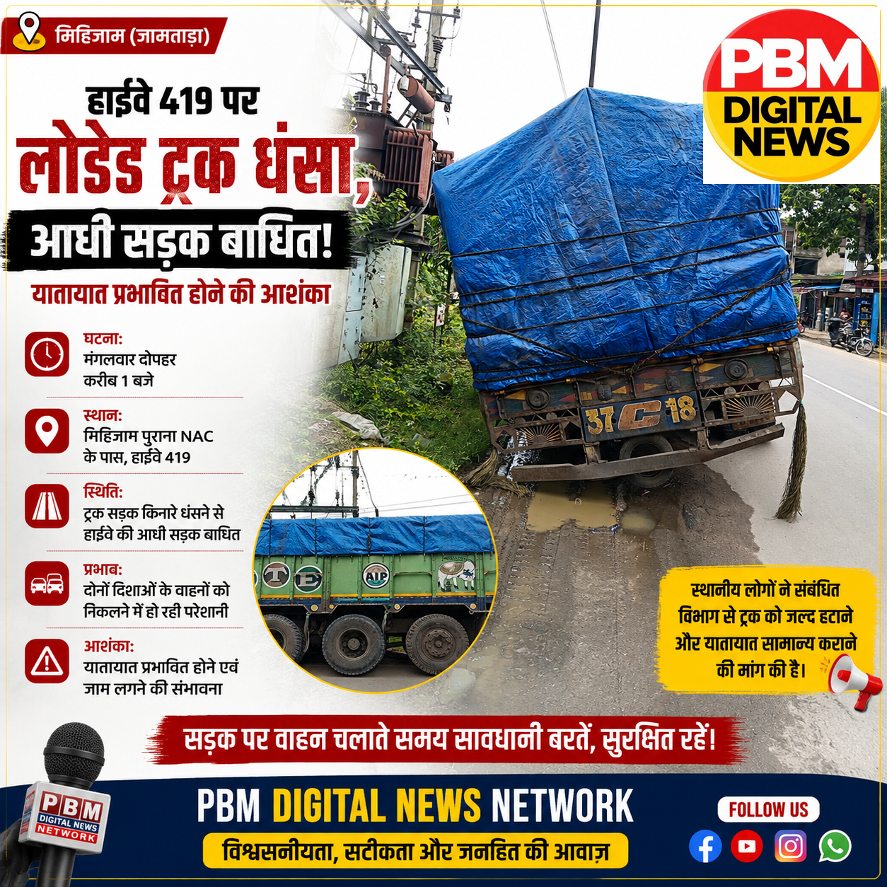🕹*हाईवे 419 पर लोडेड ट्रक धंसा, आधी सड़क बाधित; यातायात प्रभावित होने की आशंका*