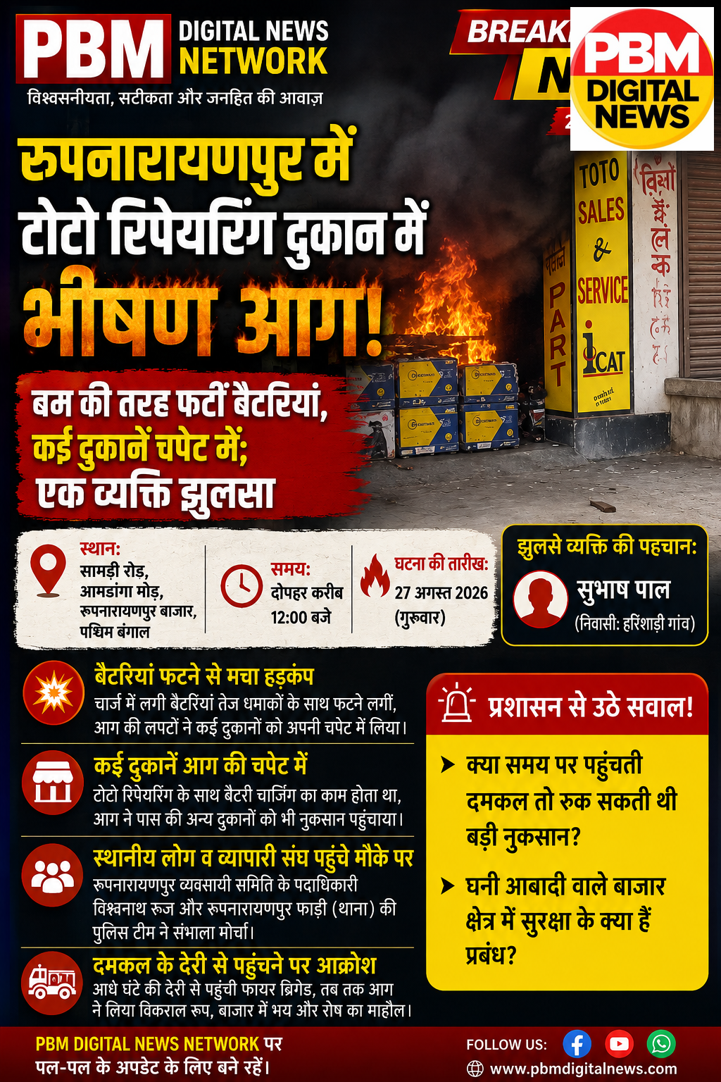 🔥*Big Breaking!* *रूपनारायणपुर में टोटो रिपेयरिंग दुकान में भीषण आग: बम की तरह फटीं बैटरियां, कई दुकानें चपेट में; एक व्यक्ति झुलसा*