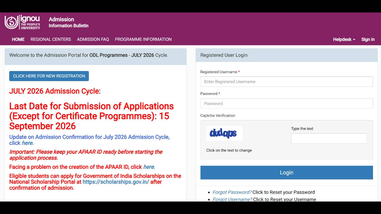 IGNOU Extends July 2026 Online Admissions Deadline to September 15: How to Apply