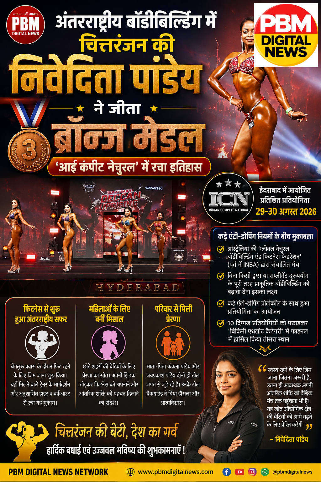 💥*अंतरराष्ट्रीय बॉडीबिल्डिंग में चित्तरंजन की निवेदिता पांडेय ने जीता ब्रॉन्ज मेडल, 'आई कंपीट नेचुरल' में रचा इतिहास*