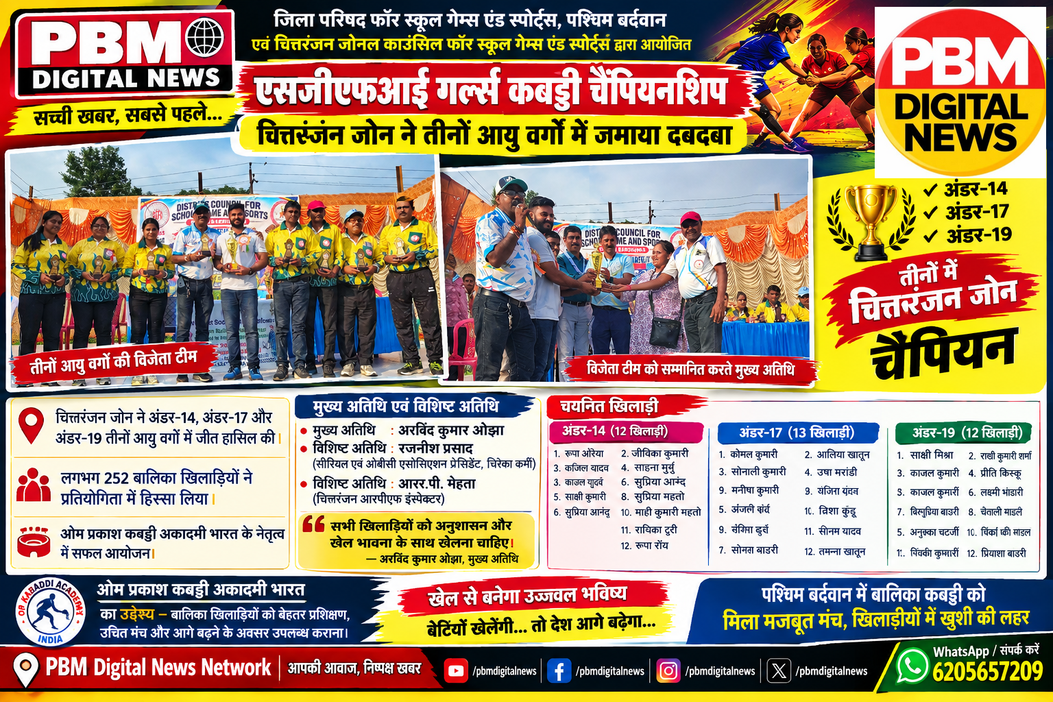 🕹*एसजीएफआई गर्ल्स कबड्डी चैंपियनशिप: चित्तरंजन जोन ने तीनों आयु वर्गों में जमाया दबदबा*