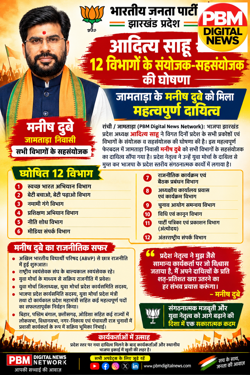 🔥*भाजपा झारखंड: आदित्य साहू ने की 12 विभागों के संयोजक-सहसंयोजक की घोषणा, जामताड़ा के मनीष दुबे को मिला महत्वपूर्ण दायित्व*