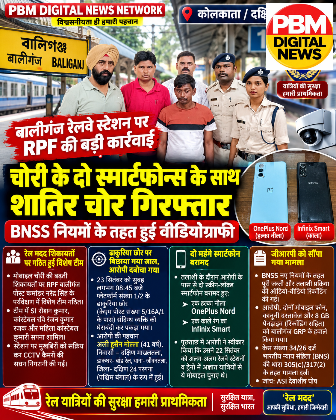 🚨*बालीगंज रेलवे स्टेशन पर RPF की बड़ी कार्रवाई: चोरी के दो स्मार्टफोन्स के साथ शातिर चोर गिरफ्तार, BNSS नियमों के तहत हुई वीडियोग्राफी*